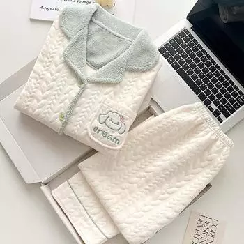 Cartoon Pajamas New Winter Warm Cardigan Loose Women s Pajamas Casual Two-piece Home Clothes Set M белый