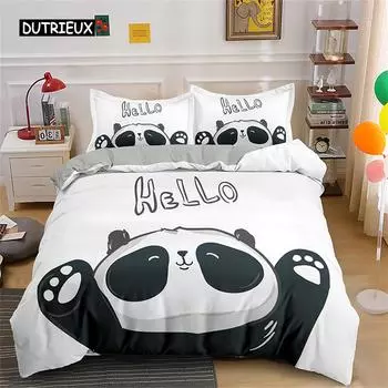 Cartoon Panda Bedding Set Cute Black White Panda Duvet Cover Animals Theme Comforter Set Home Bedroom Decor for Kids Children EU single(135x200cm)