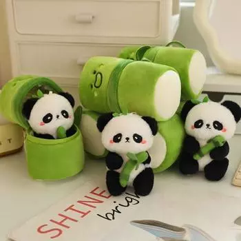 Cartoon Panda Keychain Plush Stuffed Kawaii Animal Pendant Bamboo Tube Bag Pendant Car Key Pendant Bamboo Panda