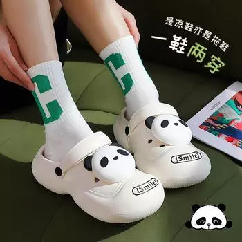 Cartoon panda parent-child slippers summer shit-stepping thick-soled hole shoes women s indoor and outdoor non-slip cool slippers 36-37 (suitable for 35-36)