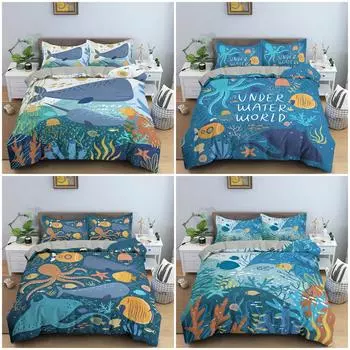 Cartoon Pattern Bedding Set Sea Animals Duvet Cover Set Underwater World Quilt Cover With Pillowcase Home Textile For Kids EU Single 135x200cm