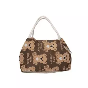 Cartoon Pattern Flax Handheld Bag Large Capacity Lunch Bag Simple Cartoon Bear Bag Outdoor