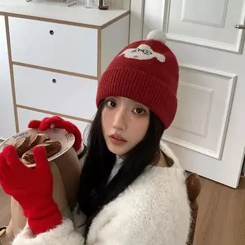 Cartoon pattern knitted wool hat children cute puppy autumn and winter new warm ear protector hairball pullover hat M56-58cm бордовый