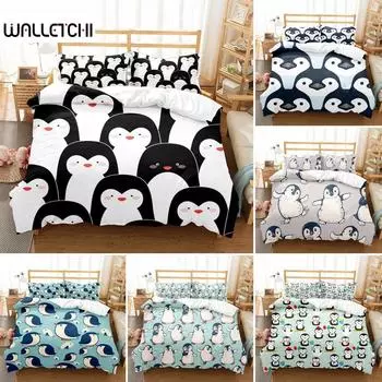 Cartoon Penguin Bedding Set King/Queen Size For Kids Boys Girls,animated Antarctic Animal Illustration Quilt Cover,White Black EU single(135x200cm)