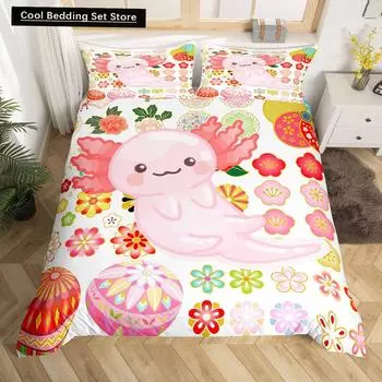 Cartoon Pink Axolotl Floral King Queen Duvet Cover Kawaii Salamander Bedding Set 3D Animal Quilt Cover Polyester Comforter Cover EU single(135x200cm)