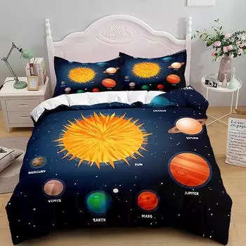 Cartoon Planet King Queen Duvet Cover Solar System Galaxy Universe Bedding Set Fantastic Space Star 2/3pcs Polyester Quilt Cover 70x133cm 2pcs