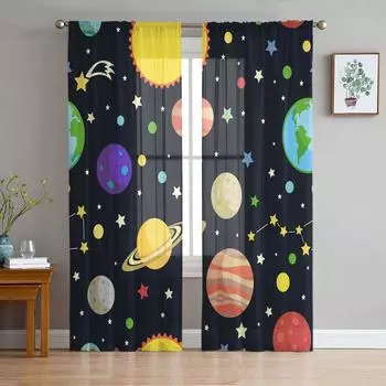 Cartoon Planet Universe Galaxy Chiffon Sheer Curtains for Living Room Bedroom Home Decoration Window Voile Tulle Curtain Drapes W135 x H114cm