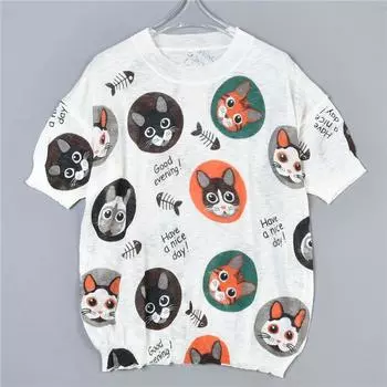 Cartoon Print Fine Woven T-shirt Female 312l78169 round Neck Pullover Loose Plaid Summer Cool Short Sleeve Tops 2 White. All yards