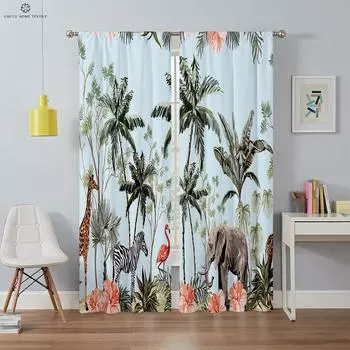 Шторы с рисунком из мультфильмов, тропическая растительность, мультфильмы с животными, спальня, гостиная, детская комната, декоративные шторы W50xH130(CM)x2PCS&Rod pocket