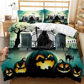 Cartoon Pumpkin Duvet Cover Gothic Halloween Skull Bedding Set Polyester Lantern Ghost Comforter Cover King For Boys Girls Decor 135X200cm