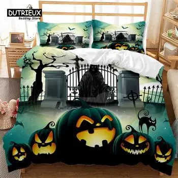 Cartoon Pumpkin Duvet Cover Gothic Halloween Skull Bedding Set Polyester Lantern Ghost Comforter Cover King For Boys Girls Decor EU single(135x200cm)