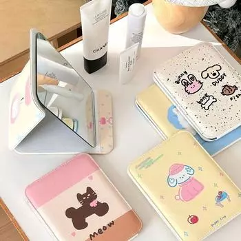 Cartoon Puppy Desktop Stand Mirror Pu Leather Vanity Mirror Small Fold Makeup Mirror Home Decor Style C