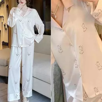 Cartoon Pyjamas Female Lapel Thin Section Simulation Silk Ladies Homewear Suit Senior Sense of Ice Silk Pyjamas Female M