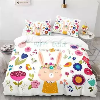 Cartoon Rabbit Flowers 3d Duvet Cover Set Pillowcase Kids Bedding Set Single Double Twin Full Queen King Size for Bedroom Decor 135x200cm
