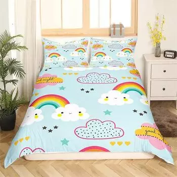 Cartoon Rainbow King Queen Duvet Cover Kids Girls Colorful Clouds Bedding Set Love Heart Comforter Cover Polyester Quilt Cover 135X200cm-2pcs