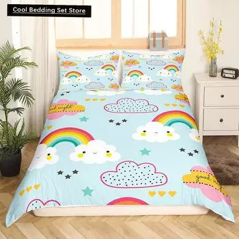 Cartoon Rainbow King Queen Duvet Cover Kids Girls Colorful Clouds Bedding Set Love Heart Comforter Cover Polyester Quilt Cover EU single(135x200cm)