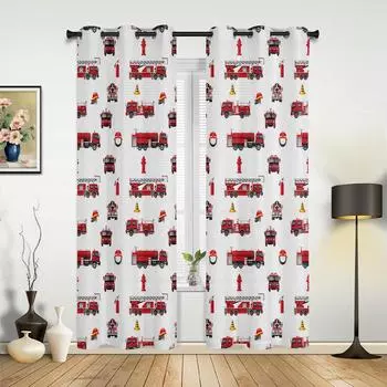 Cartoon Red Fire Truck Texture Curtains for Bedroom Living Room Drapes Kitchen Children s Room Window Curtain Modern Home Decor 135W x 60H(cm) x1