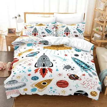 Комплект одеяла с цифровой печатью в стиле мультяшного ракетного корабля - полиэстер - Декор для спальни - 1 покрывало + 2 наволочки (нет подушки) Duvet&173x229cm