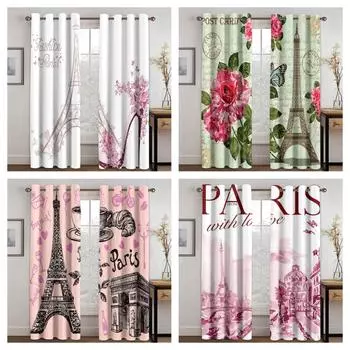 Cartoon Romantic Pink Paris Effiel Tower GirlWindow Curtains Drapes for Kids Bedroom Living Room Kitchen Door Home Decor 2Pieces W50 X H130(CM)X2&Hook