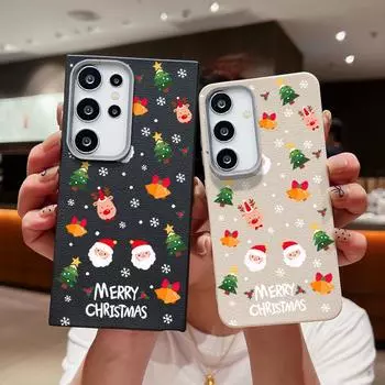 Cartoon Santa Claus Elk Print Leather Texture Case for Samsung S24 S22 Ultra S23 S21 S20 Fe A55 A54 A53 A52 A35 A34 A15 Shockproof Soft Tpu Slim Cover Samsung S24 FE чёрный