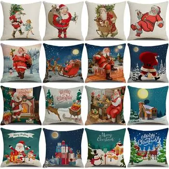 Чехол на подушку из льна с рисунком Санта-Клауса и оленей, скандинавский чехол для офисного дивана, чехол для подушки, в комплект не входит сердцевина подушки 45*45cm