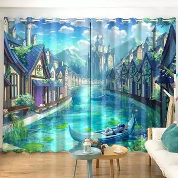Cartoon Scene High Shading Curtains Punched Bedroom Living Room Floor Blackout Drape Curtain 2 Pieces New Fashion Pattern W55 X H120cm X 2&HOOK