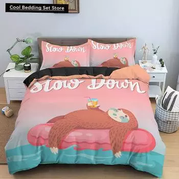 Cartoon Sloth Bedding Set for Bedroom Home Manga Style Sloth Print Duvet Cover Lazy Sleeping Australian Animal Soft Quilt Cover US Queen(228x228cm)