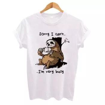 Футболка с принтом ленивца из мультфильма для женщин. Повседневная футболка с коротким рукавом и круглым вырезом. M белый