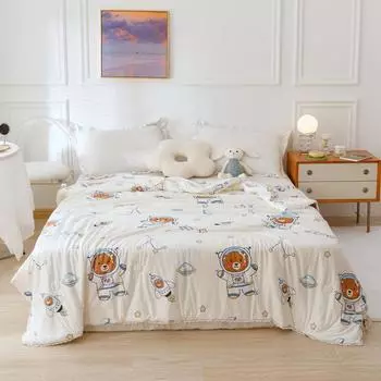 Cartoon Space Bear Rocket Pattern Summer Quilt Skin-friendly Comfortable Air Conditioning Quilted Quilt for Kids Boys Girls 150x200cm Single 1Pc