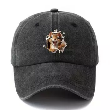 Cartoon squirrel print retro washed lightweight curved brim hat suitable for outdoor vacation, camping truck driver hat
