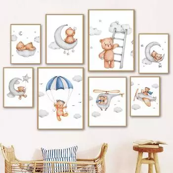 Мультяшные Звезды Облака Луна Спящий Медведь Принт На Холсте Картина Скандинавский Постер Настенные Картинки Декор Детской Комнаты Малыша 21x30cm No Framed