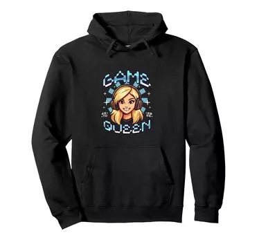 Cartoon style blonde gaming queen wearing gaming hoodie headset. чёрный