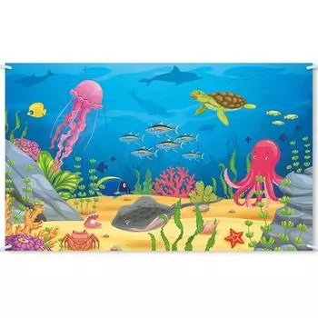 Cartoon Summer Ocean Photography Backdrop Jellyfish Octopus Turtle Poster Photo Props Adults Kids Ocean