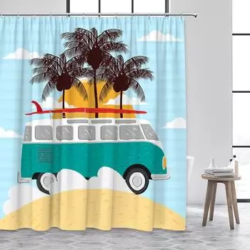 Cartoon Summer Travel Shower Curtain Camper Skateboard Ocean Coconut Landscape Polyester Fabric Home Decor Hook Bathroom curtain 90x180cm-35x70in