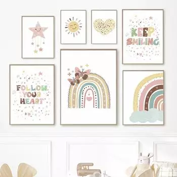 Cartoon Sun Stars Heart Rainbow Butterfly Nursery Nordic Posters Wall Art Canvas Painting Wall Pictures For Baby Kids Room Decor 21x30cm No Framed