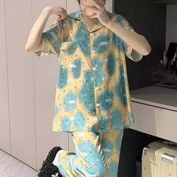 Пижама из 3 предметов для женщин с рисунком, милая, корейская, Harajuku, молочный шелк, женская домашняя одежда для сна, новая осенняя мода, для отдыха M синий