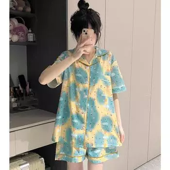Cartoon Sweet Cute Print Women s 3pcs Pajamas Harajuku Milk Silk Lady Home Sleepwear Autumn Fashion M синий