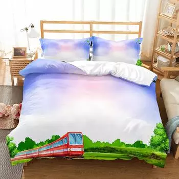 Cartoon Train Duvet Cover Set Double Single King Size Polyester Comforter Cover Transport Car Pattern Quilt Cover Bedding Set EU single(135x200cm)