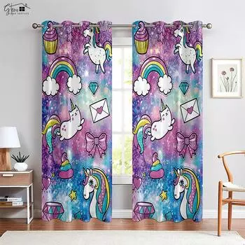 Cartoon Unicorn Rainbow Printed Curtains Kids Children Room Curtains Polyester Fiber Easy to Wash and Care Home Decoration 2PCS W50xH130(CM)x2PCS&Grommet Top