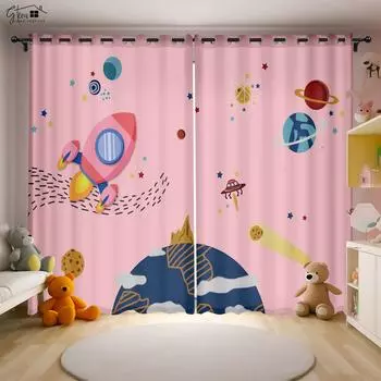 Cartoon Universe Curtains Astronaut Spaceship Rocket Moon Alien Children s Room Children s Bedroom 3D Printing Curtains 2PCS W50xH130(CM)x2PCS&Grommet Top