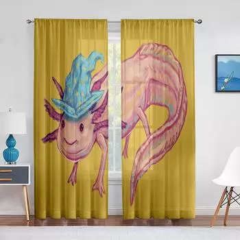 Cartoon Watercolor Axolotl with Hat Sheer Voile Curtain Sealife Reptiles Chiffon Tulle Curtains for Living Room Bedroom Drapes 1 PCS W100XH250cm&Rod Pocket