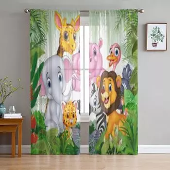 Cartoon Wild Animal In The Jungle Sheer Curtains for Living Room Transparent Tulle Window Curtain Bedroom Kitchen Veil Drapes 135W x 114H(cm)