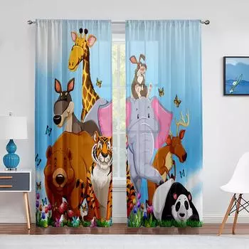 Cartoon Wild Animals Sheer Voile Curtain Tiger Elephant Giraffe Window Chiffon Tulle Curtains for Living Room Kids Bedroom Decor 1 PCS W100XH250cm&Rod Pocket