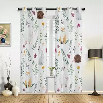 Cartoon Zoo Animals Hedgehog Fox Jungle Children Window Curtains Curtains for Bedroom Living Room Kitchen Decorative Items 2Pcs W60xH100(CM)x2pcs&Hook
