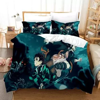 Cartoons Demon Slayer 2_3pcs Bedding Sets Duvet Cover Set With Pillowcase Twin Full Queen King Bedclothes Bed Linen Home Textile EU Twin 135x200cm