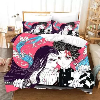 Cartoons Demon Slayer 2_3pcs Bedding Sets Duvet Cover Set With Pillowcase Twin Full Queen King Bedclothes Bed Linen Home Textile EU Twin 135x200cm