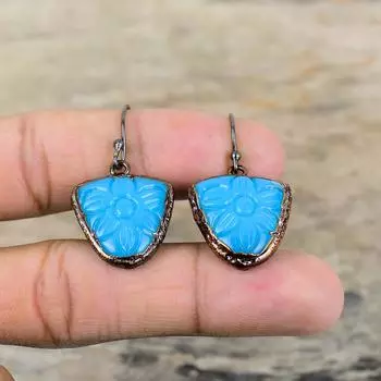 Carved Blue Onyx Earring Electroformed Copper Earrings Gemstone Copper Jewelry Handmade Decent Earring Electroformed Jewelry Engagement Gift