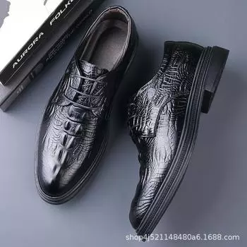 Carved first layer cowhide crocodile pattern business casual men s leather shoes fashion British dress round head lace-up men s shoes 38 чёрный