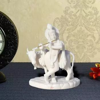 Carved in Resin Krishna with Cow белый