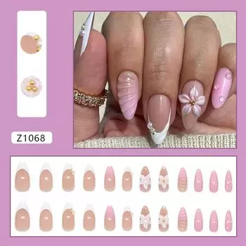 Carved lily gradual change pearl ripple white temperament versatile removable manicure 24 pieces